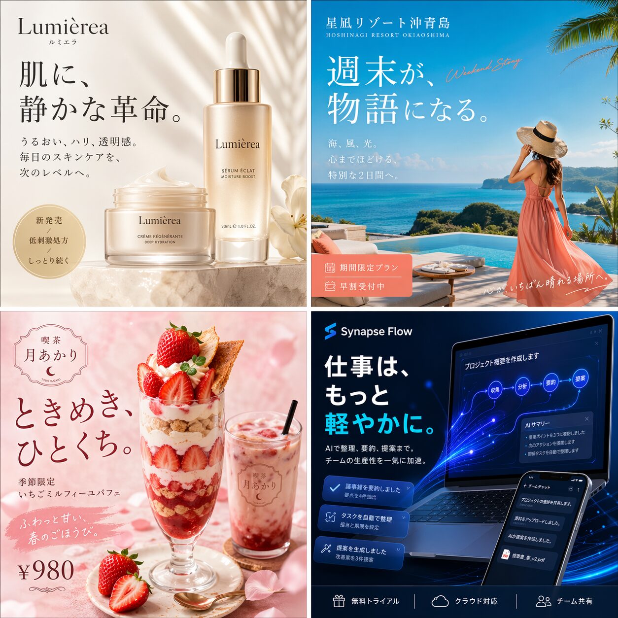GPT Image 2 で作った4業種の販促ビジュアル（化粧品・リゾート・カフェ・SaaS）