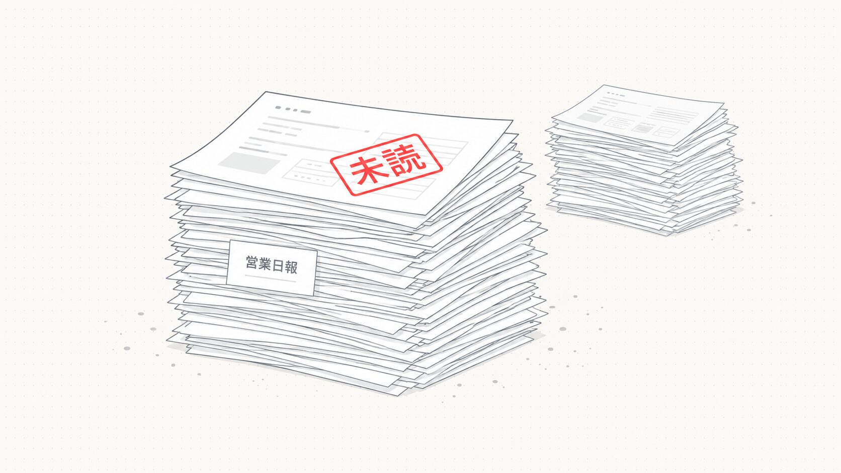 読まれない在庫としての営業日報の概念図——日報が活用されないまま積み上がっていく状態の比喩