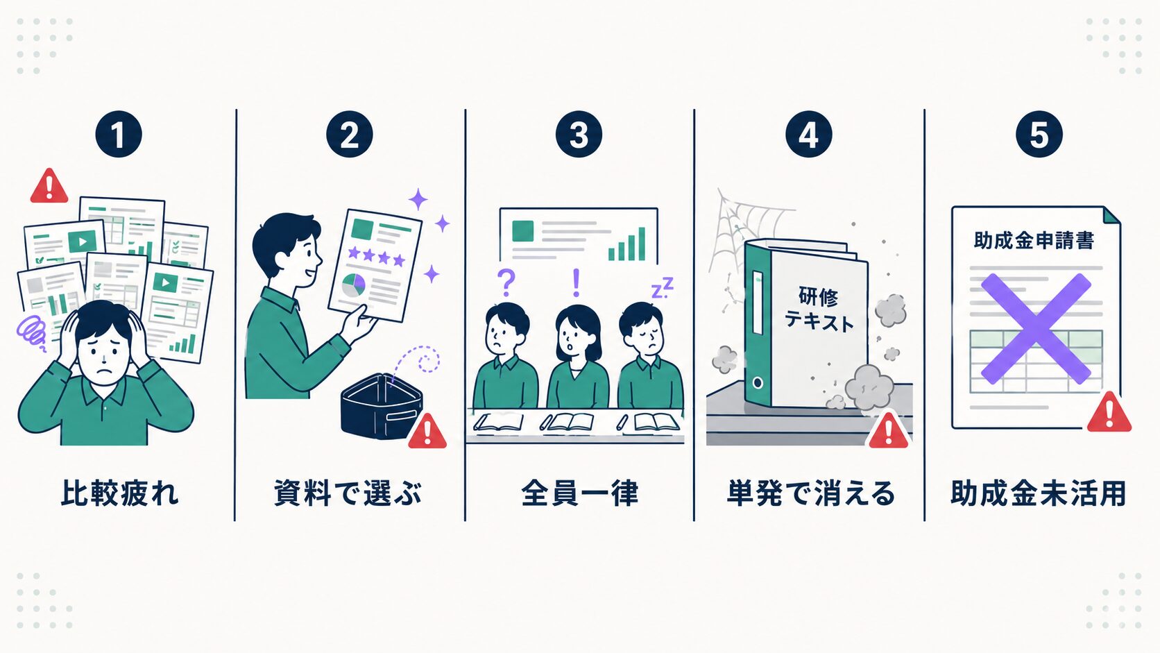 研修選びの失敗5パターンを俯瞰した図──比較疲れ／イベント化／一律研修／単発で消える／助成金未活用