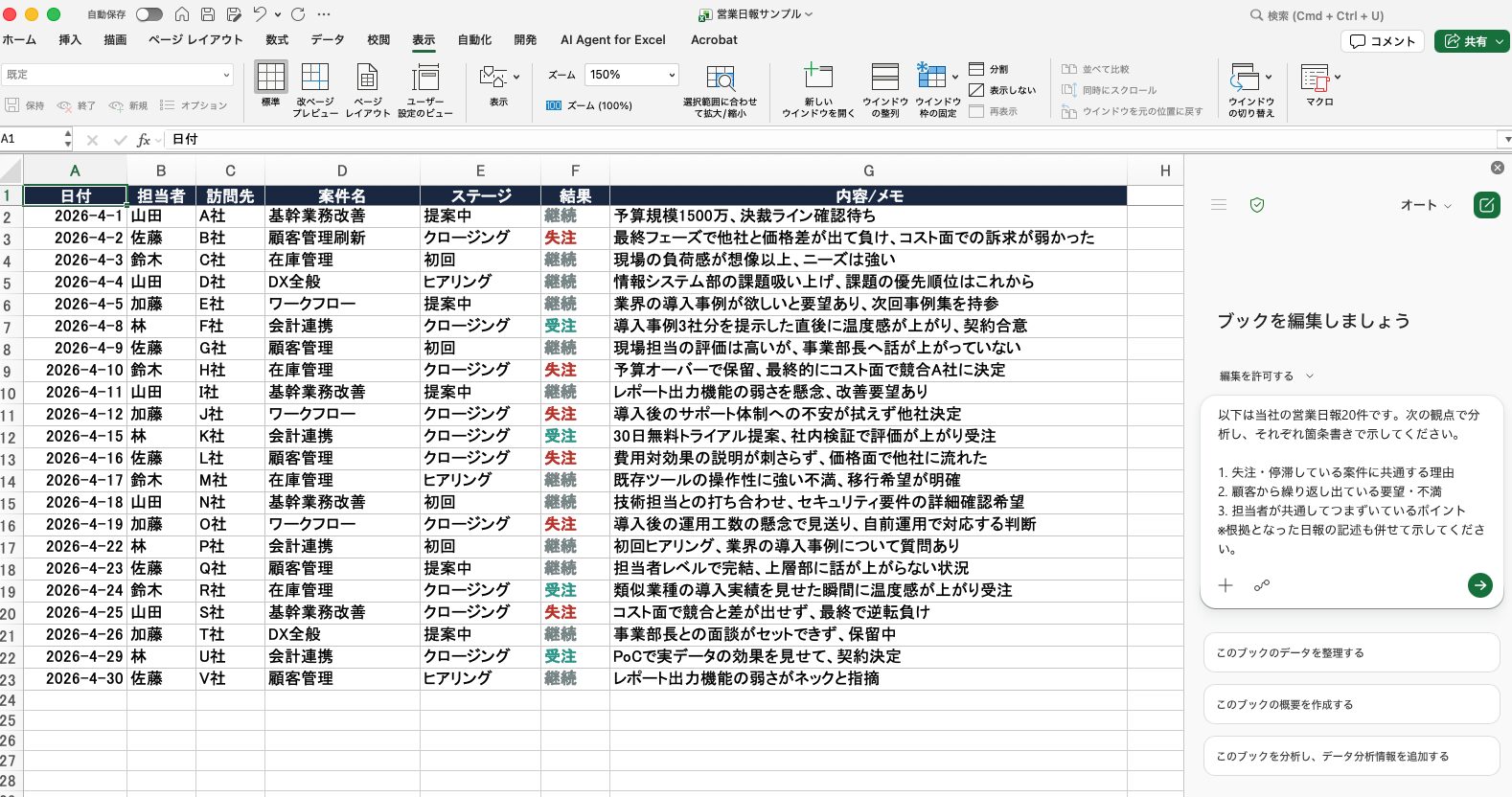 Copilotに営業日報の分析プロンプトを投げているExcel+Copilotサイドパネルの画面