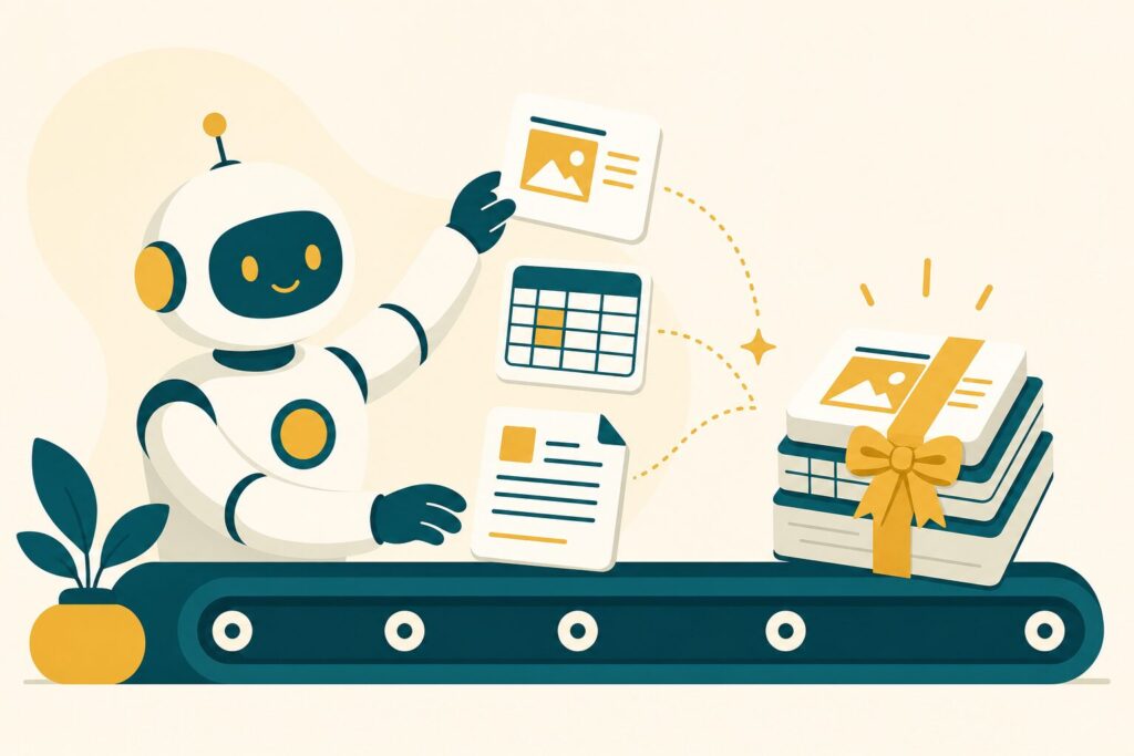 成果物を組み立てて納品するAIエージェントのフラットイラスト