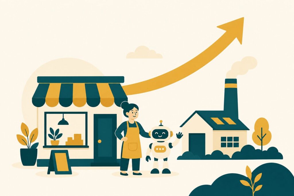 AIとともに成長する地方の中小企業を象徴するフラットイラスト