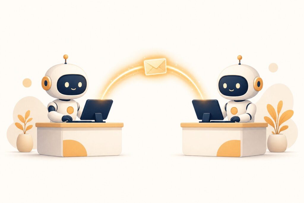 2体のAIエージェントが机を並べ、片方からもう片方へメッセージが渡る様子のイラスト