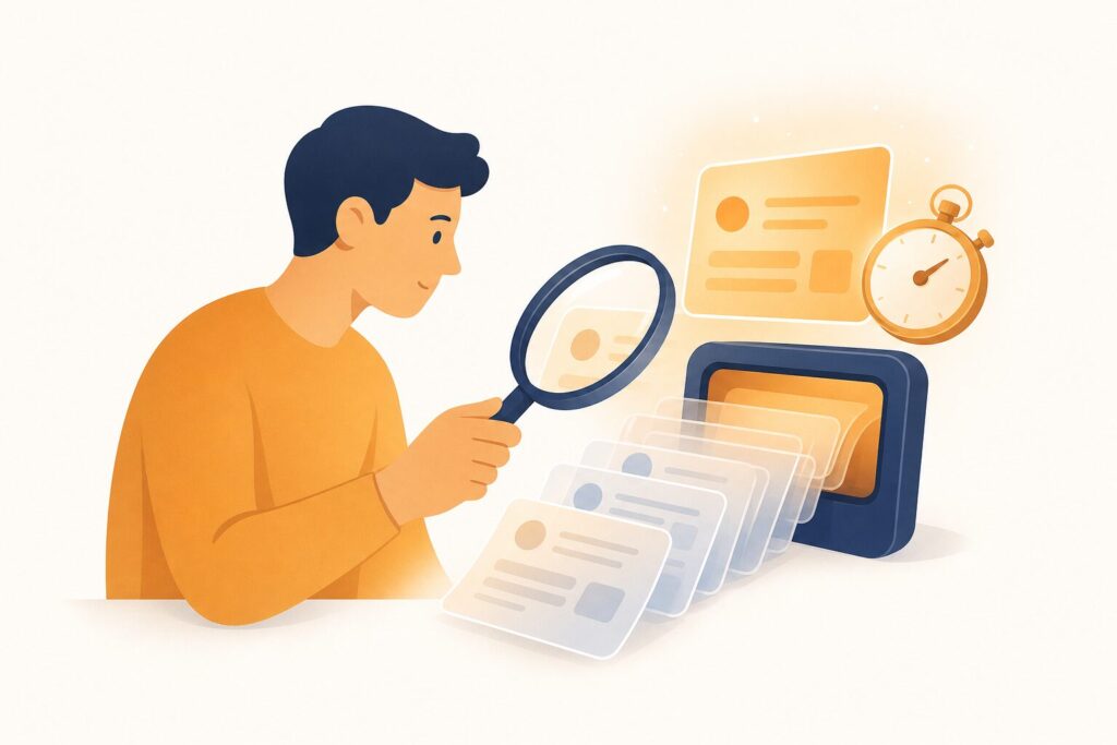 記録カードを虫眼鏡で確認し、経過時間を測っている様子のイラスト