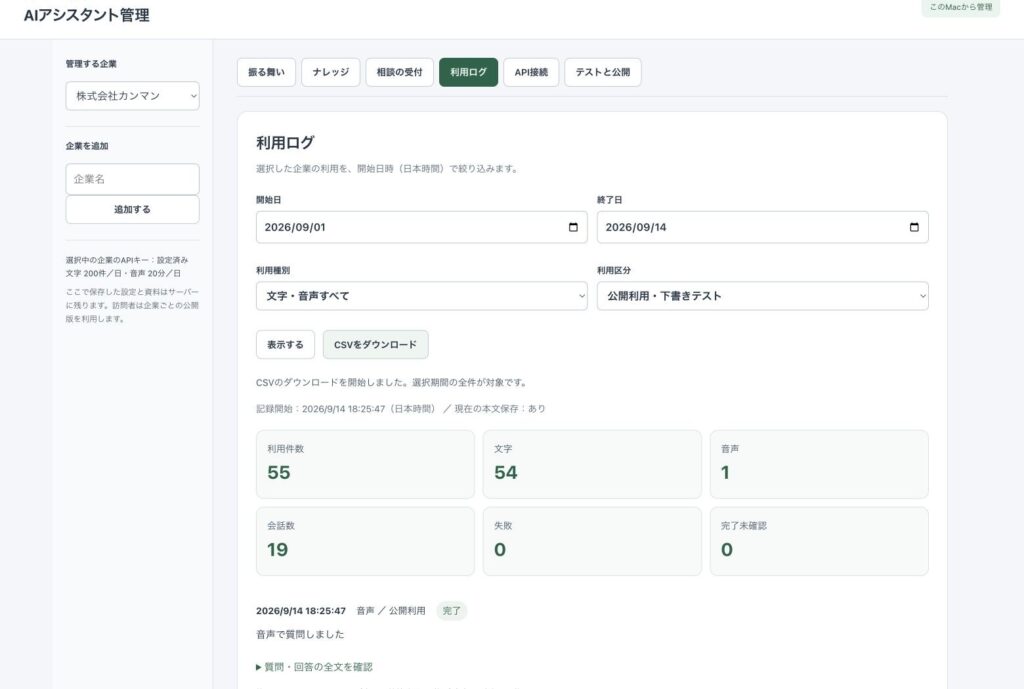 AIアシスタント管理画面の「利用ログ」タブ。開始日・終了日、利用種別、利用区分の絞り込みと「CSVをダウンロード」ボタン、利用件数55件・文字54件・音声1件・会話数19件の集計が表示されている