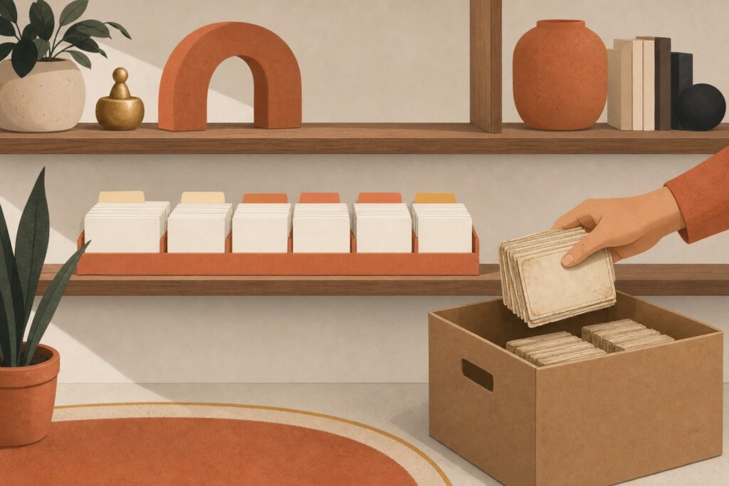 棚に並んだカードのうち古いものを段ボールの保管箱へ移す様子のイラスト（自動メモリの棚卸し）
