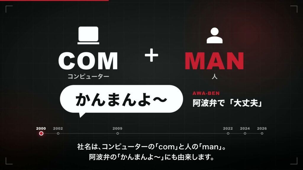 カンマンの歩みを1分で紹介する動画の社名シーン。COMとMANの文字、「かんまんよ〜」の吹き出し、阿波弁で「大丈夫」という説明、下に2000年から2026年の年表と字幕