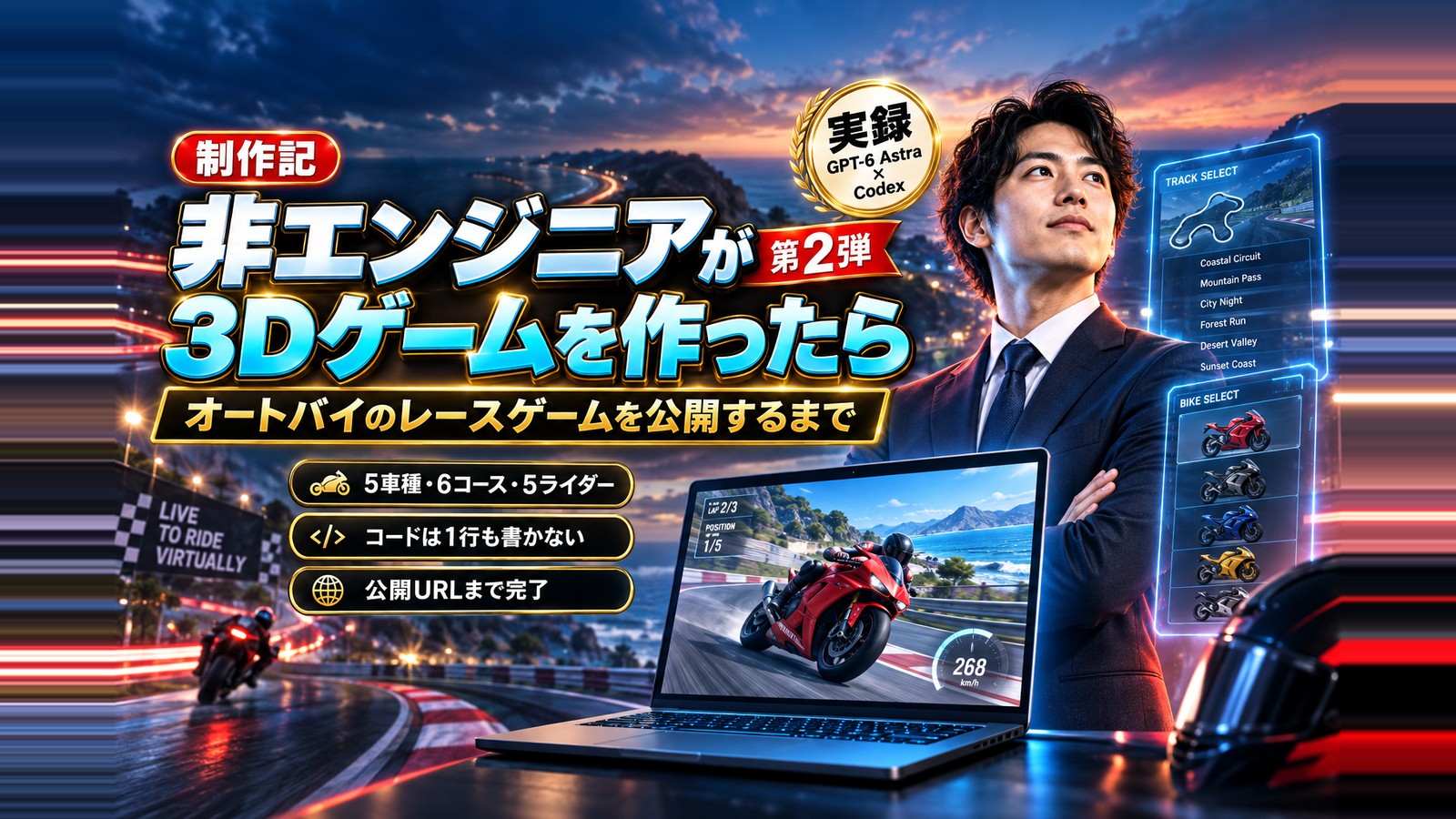 非エンジニアの私がGPT-6 Astra×Codexで3Dバイクレースゲームを作ったら｜2行の指示から5車種・6コース・公開URLまで、指示23回・実作業8時間の全記録
