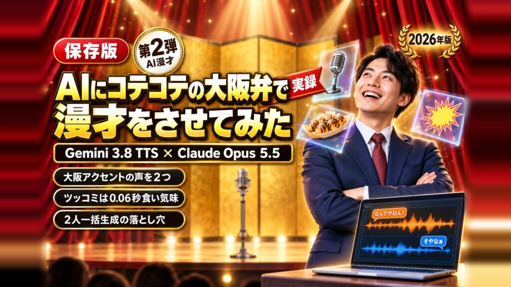 AIにコテコテの大阪弁で漫才をさせてみた|Gemini 3.8 TTSは「ツッコミの間」まで演じられるのか、1分動画で試した全記録