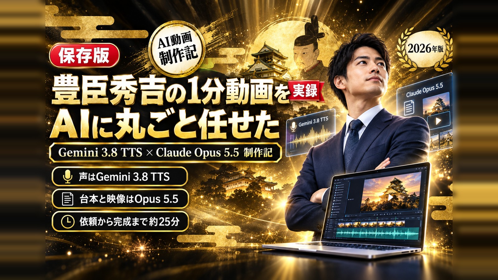 豊臣秀吉の1分動画を、AIに丸ごと任せてみた｜Gemini 3.8 TTSとClaude Opus 5.5で、依頼から25分で完成した制作の全記録
